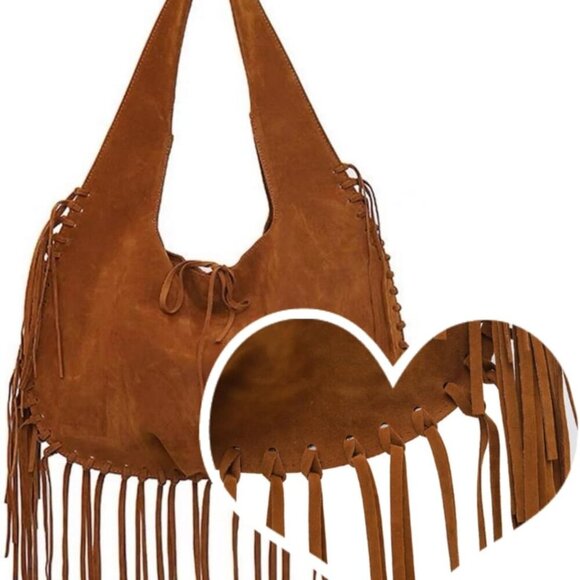 Women Vintage Suede Fringe Hobo Bag Tote Shoulder Crossbody Hippie Purse - Picture 7 of 7
